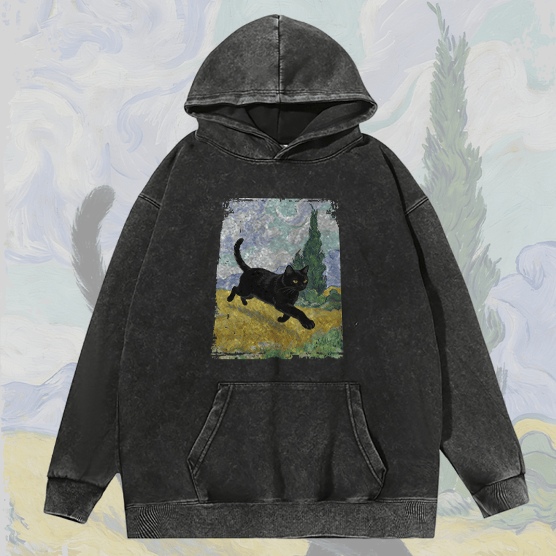 MODAKAWA Unisex Vintage Washed Hoodie Walking Black Cat Graphic Pullover - Black - 2XL - image 4