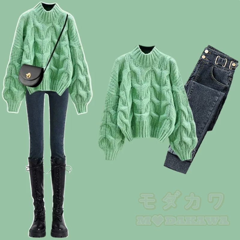 Vintage Cable Knit Half Turtleneck Sweater Skinny Denim Pants Two Pieces Set - Green Set - XL - image 6