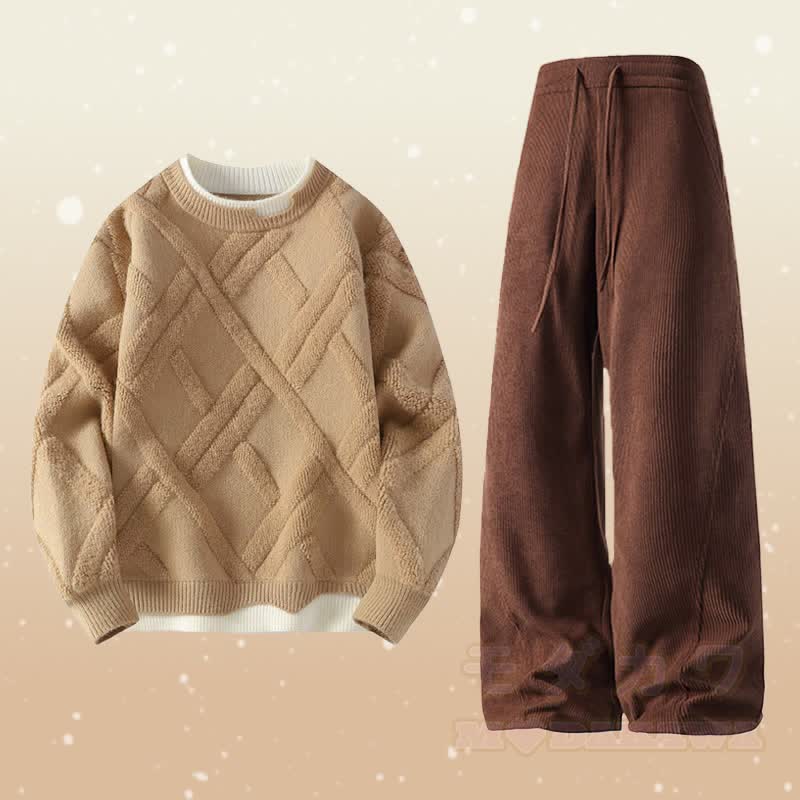 Faux Layered Knit Sweater Corduroy Pants Two Pieces - Set F - 4XL - image 6