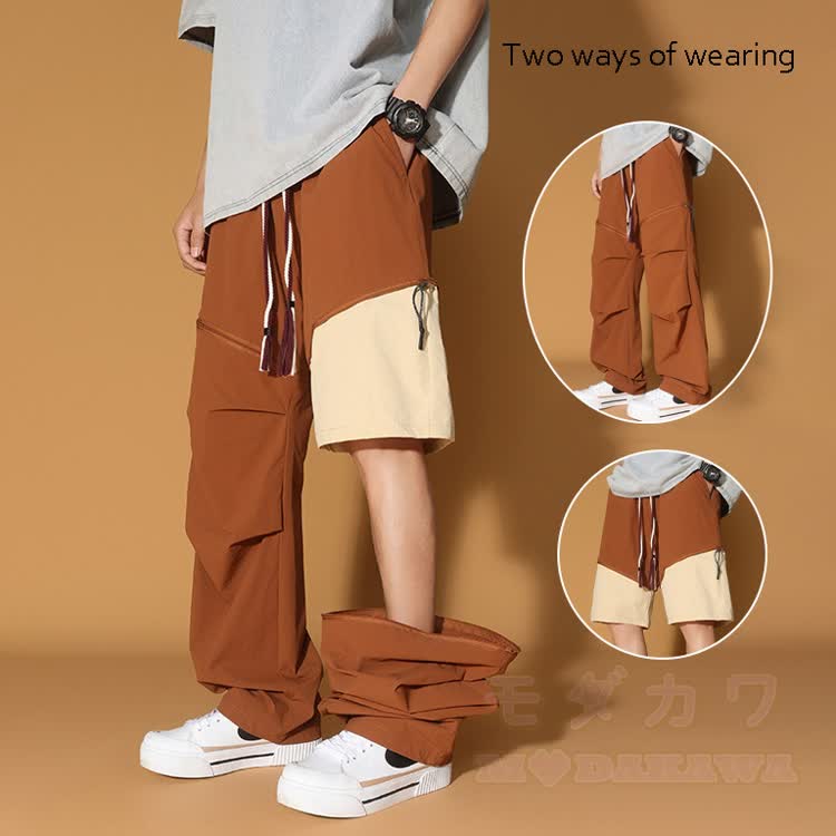 Convertible Wide Leg Cargo Pants Shorts - Red - 8XL - image 3