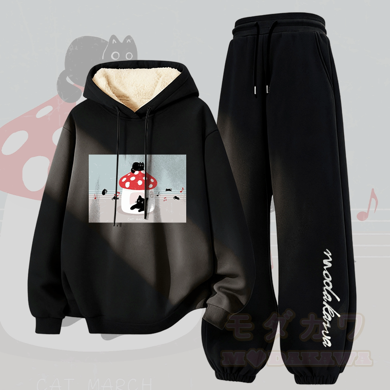 MODAKAWA Cat Melody Graphic Thick Fleece Lined Hoodie Pants Two Pieces Set - Black - 5XL - image 3