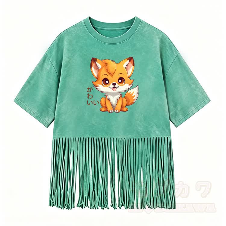 Siting Fox Graphic Modakawa Washed Fringe T-Shirt - Green - 5XL - image 4