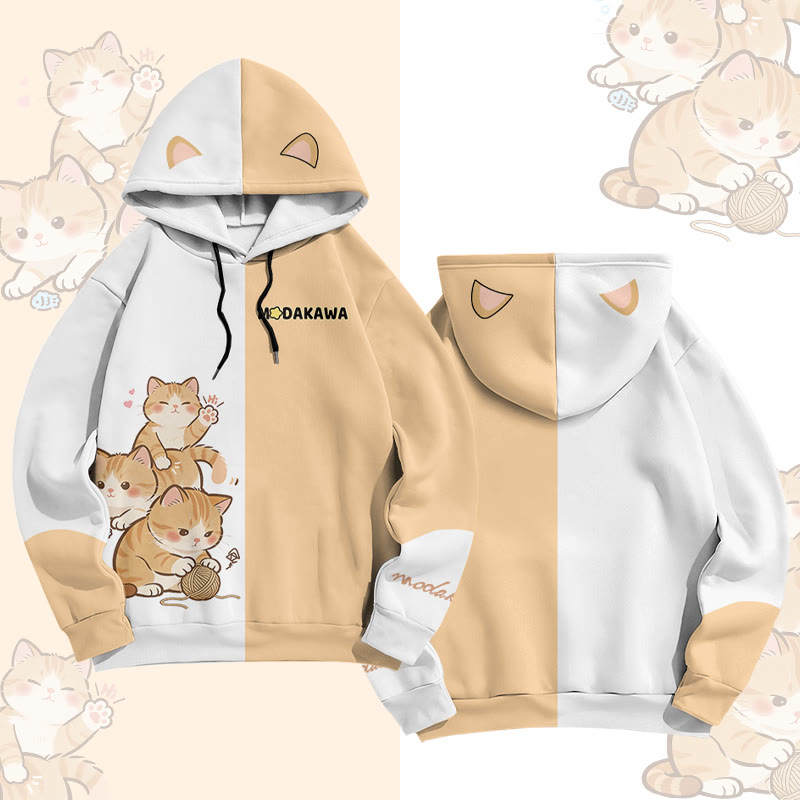 Cat Graphic Modakawa Pullover Hoodie - Yellow & White - 6XL - image 3