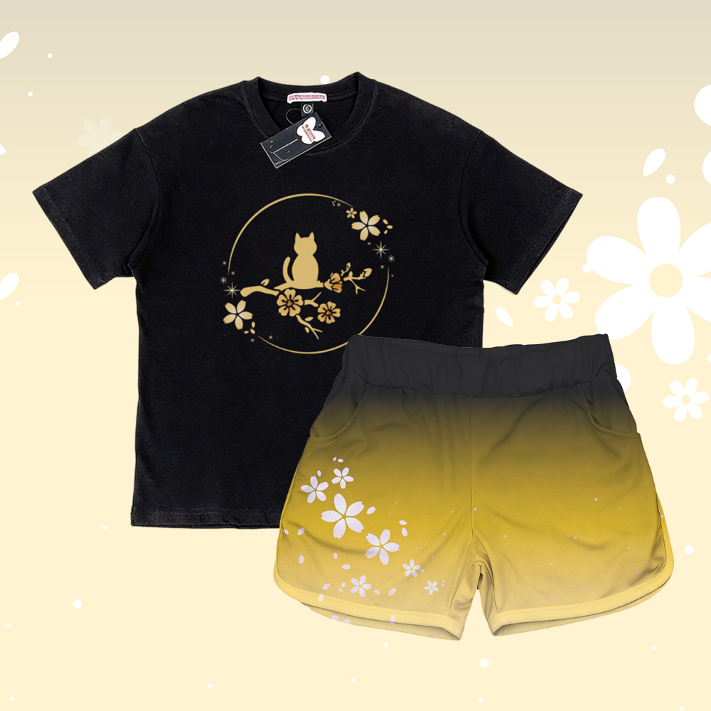 Sakura Cat Graphic 100% Cotton T-shirt Gradient Shorts Modakawa Matching Outfit - Set B - 5XL - image 2