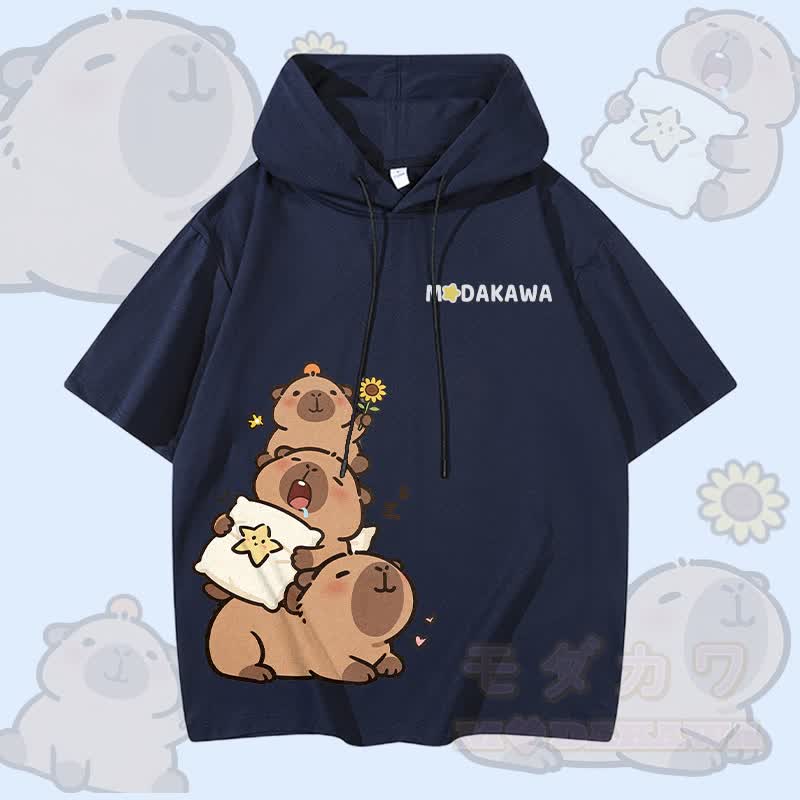 Capybara Stack Graphic Modakawa Short Sleeve Hoodie - Purplish Blue - 3XL - image 4