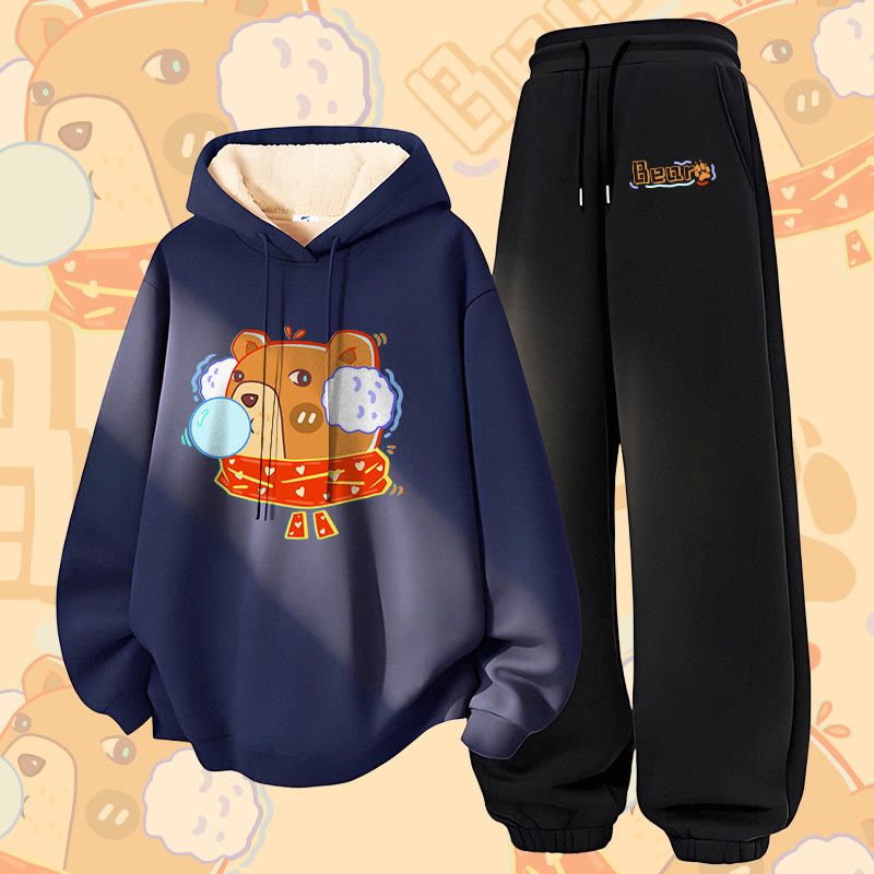 MODAKAWA Bubble Bear Graphic Thick Fleece Lined Hoodie Pants Two Pieces Set - Purplish Blue&Black - 5XL - image 3