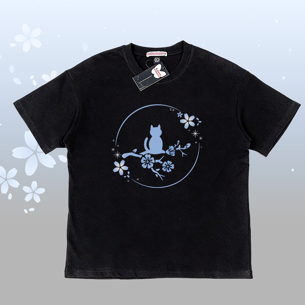 Sakura Cat Graphic 100% Cotton T-shirt Gradient Shorts Modakawa Matching Outfit - Black A T-shirt - 5XL - image 4
