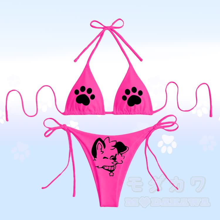 MODAKAWA X popipeko Tongue Out Puppy Paw Graphic Women's Swimsuit Tie Bikini Set - Rose Red - 4XL - image 5
