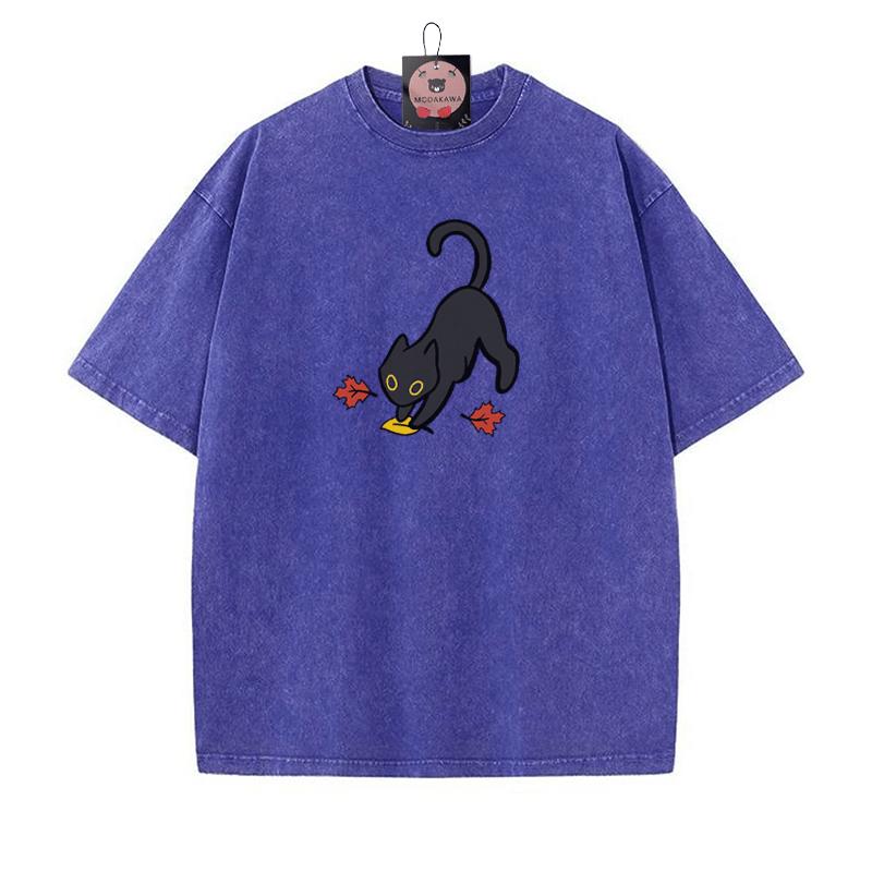 Black Cat Pouncing on Leaf Halloween Graphic Unisex Vintage Washed T-Shirt - Blue - 5XL - image 3