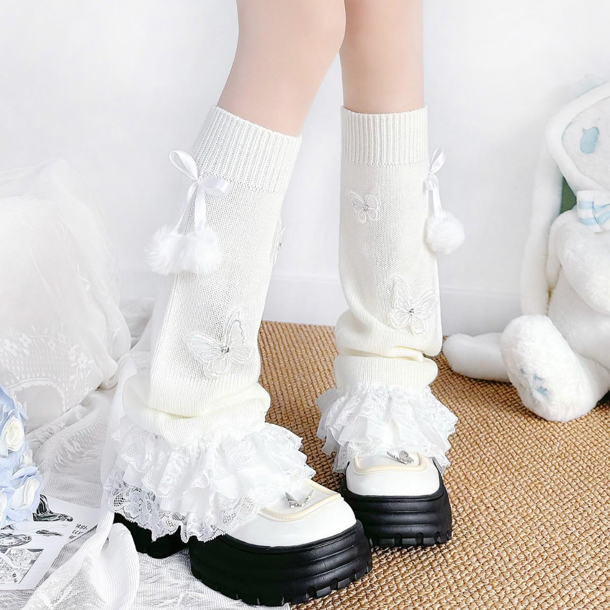 Y2K Lace Ruffle Bow Slouch Socks - White - One Size - image 6