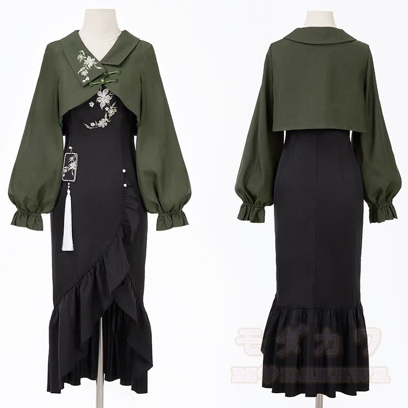 Vintage Flower Embroidered Buckle Top Ruffle Hem Slip Dress Two Pieces Set - image 5