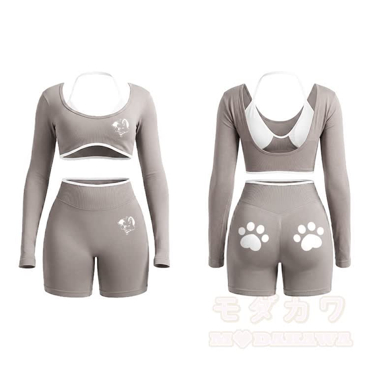 MODAKAWA X popipeko Puppy Graphic Tight Long Sleeve Yoga Top & Shorts Set - Light Khaki - XL - image 14