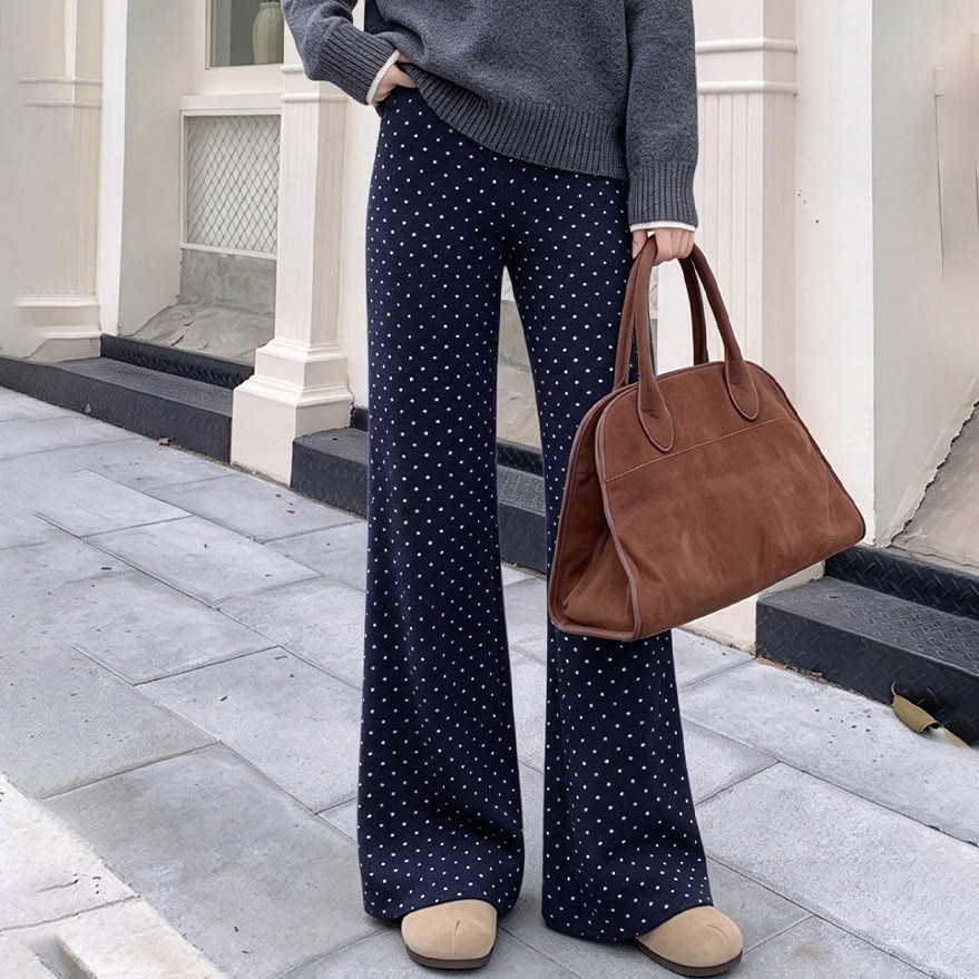 Fleece Lined Polka Dot Flared Casual Pants - Navy Blue Extended - XL - image 3