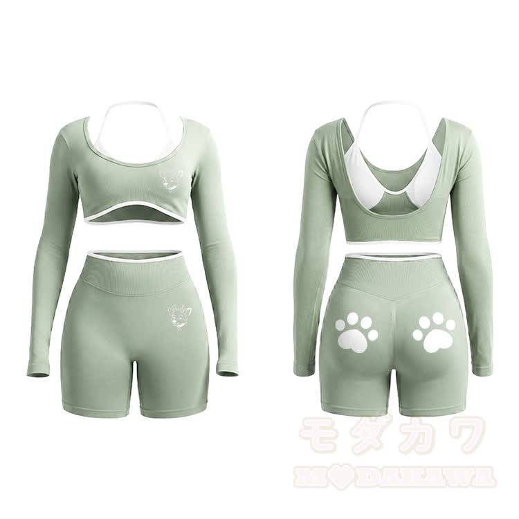 Deer Graphic Tight Long Sleeve Yoga Top & Shorts Set - Light Green - XL - image 14