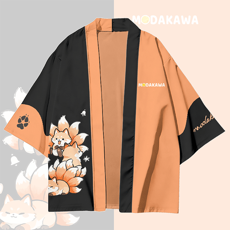 Nine-tailed Fox Graphic Modakawa Color Block Cardigan Kimono Outerwear - Black & Orange - 3XL - image 2