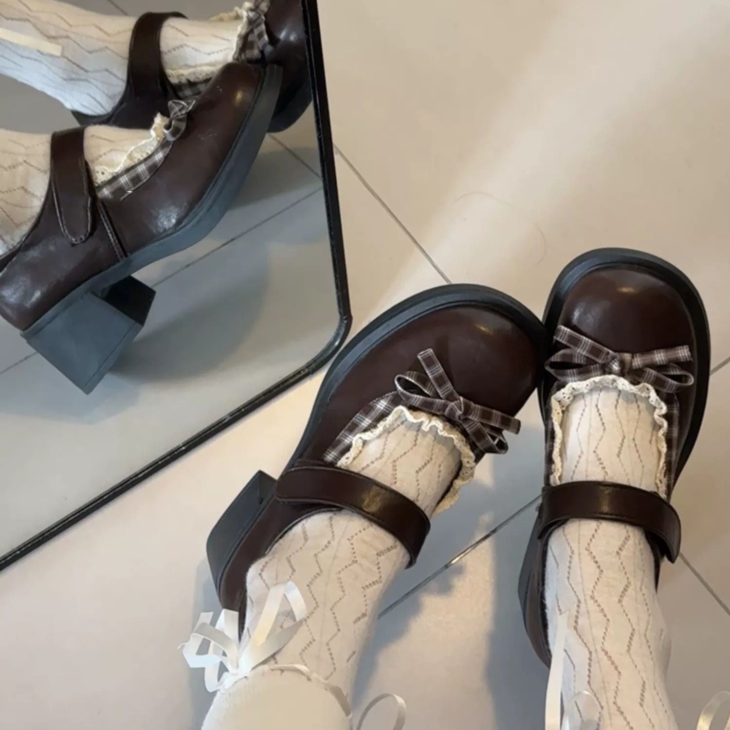 Ruffle Chunky Heel Mary Jane Shoes - Brown - 40 - image 7