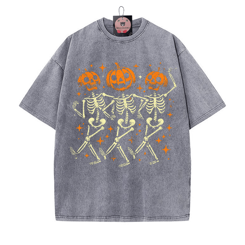 Pumpkin Dance Party Skeleton Halloween Graphic Unisex Vintage Washed T-Shirt - Grey - 5XL - image 4