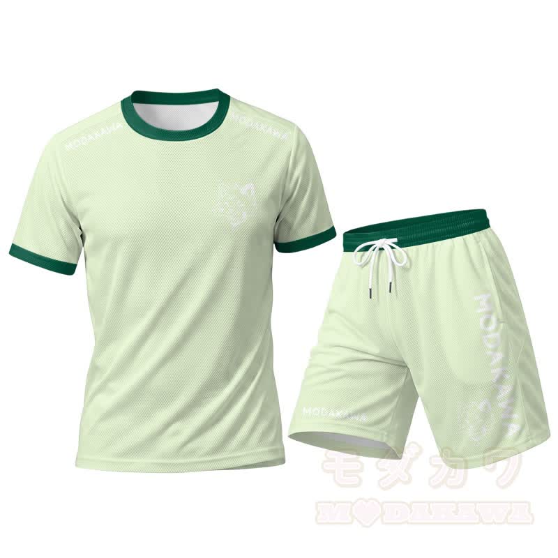MODAKAWA X popipeko Cat Graphic Men's Sports T-shirt Drawstring Shorts Matching Outfit - Green Set - 5XL - image 14