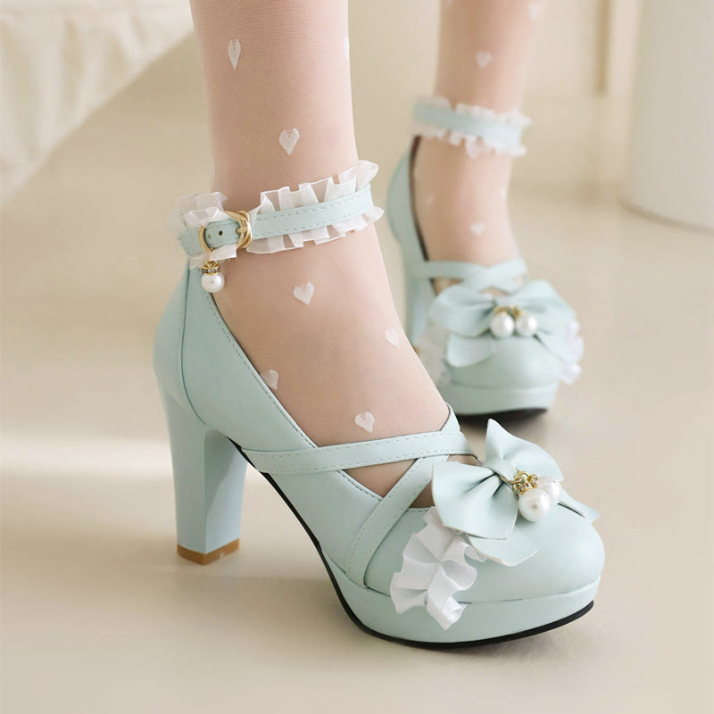 Lace Trim Bow Lolita Heels - Blue - 46 (Custom) - image 9