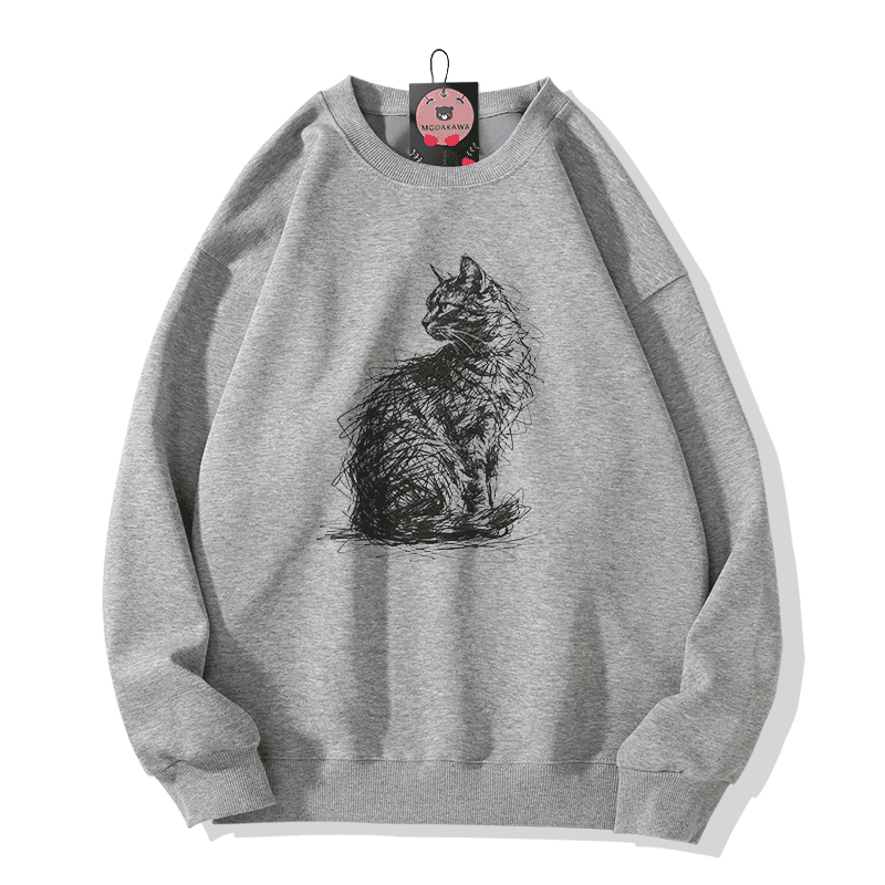 Sketch Cat Graphic Modakawa Sweatshirt - Grey - 5XL - image 4