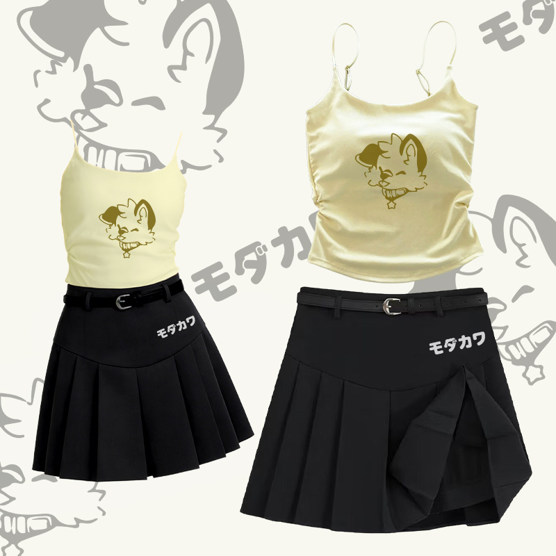 MODAKAWA X popipeko Funny Fox Graphic Camisole Belt Pleated Skirt Two Pieces Set - Set B - L - image 2
