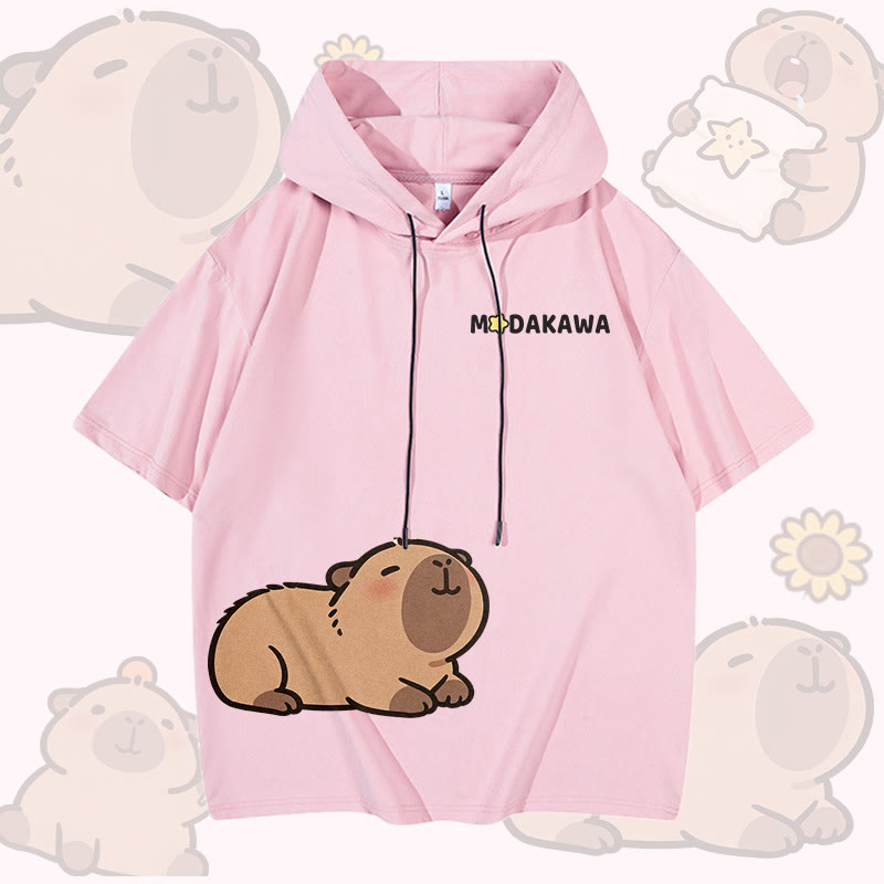 Cute Capybara Graphic Modakawa Short Sleeve Hoodie - Pink - 3XL - image 5