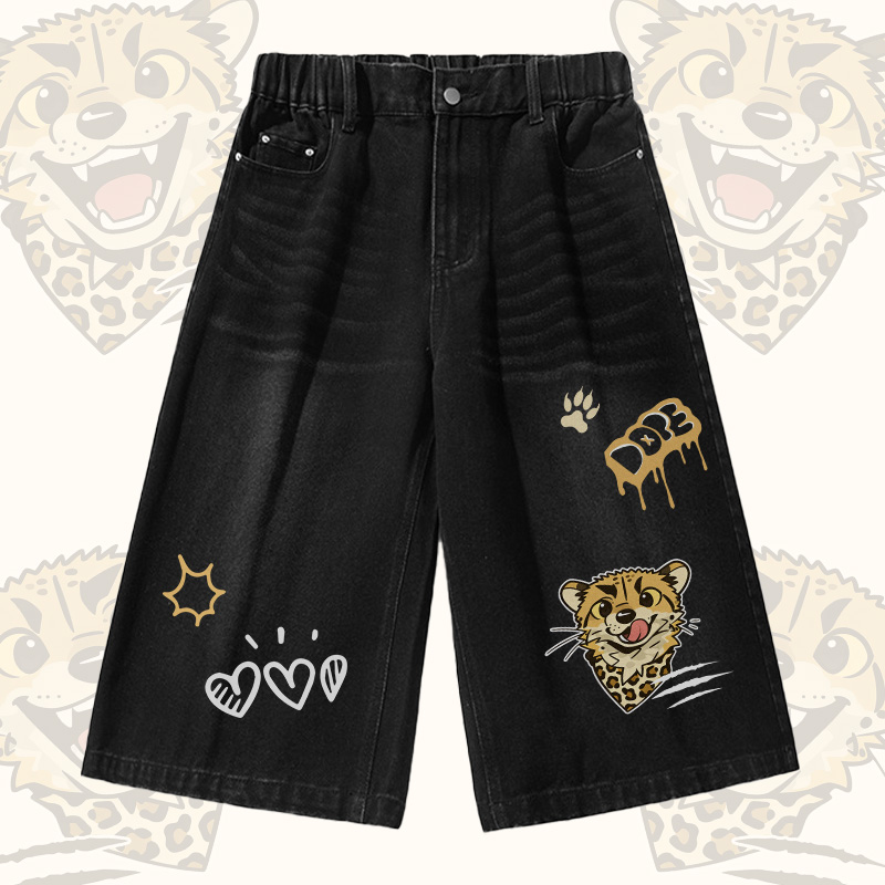  Cheetah Graphic Modakawa Vintage Washed T-shirt Denim Shorts Matching Outfit - Black Shorts - 3XL - image 3