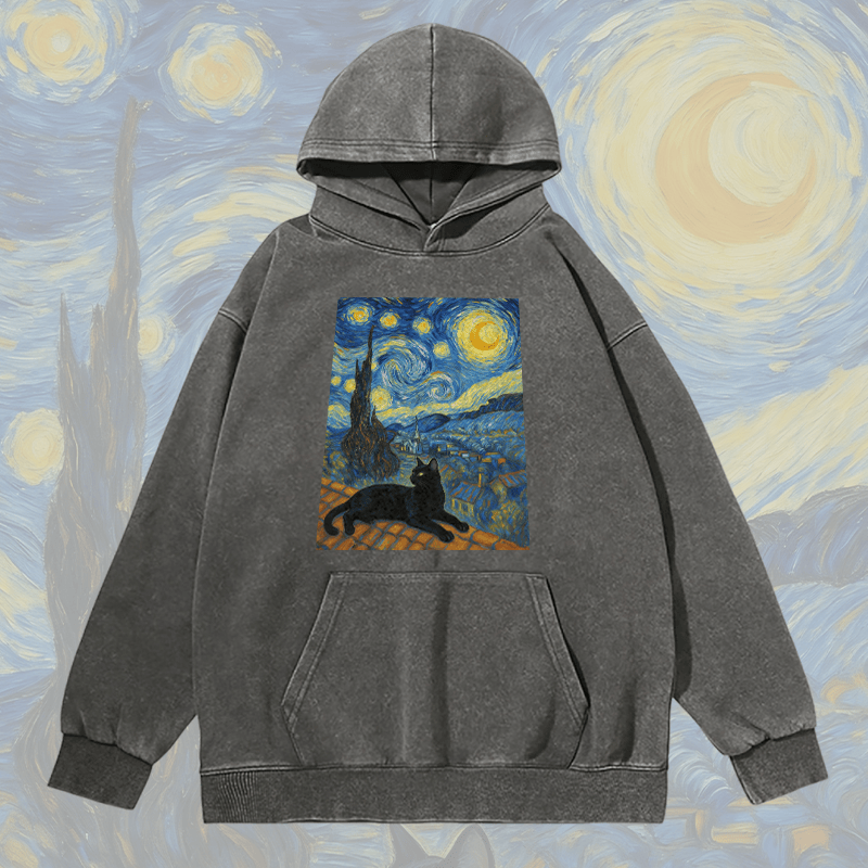 MODAKAWA Unisex Vintage Washed Hoodie Black Cat Under the Night Sky Graphic Pullover - Grey - 2XL - image 4