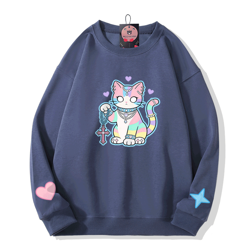 Astrology Cat Graphic Modakawa Sweatshirt - Dusty Blue - 5XL - image 6