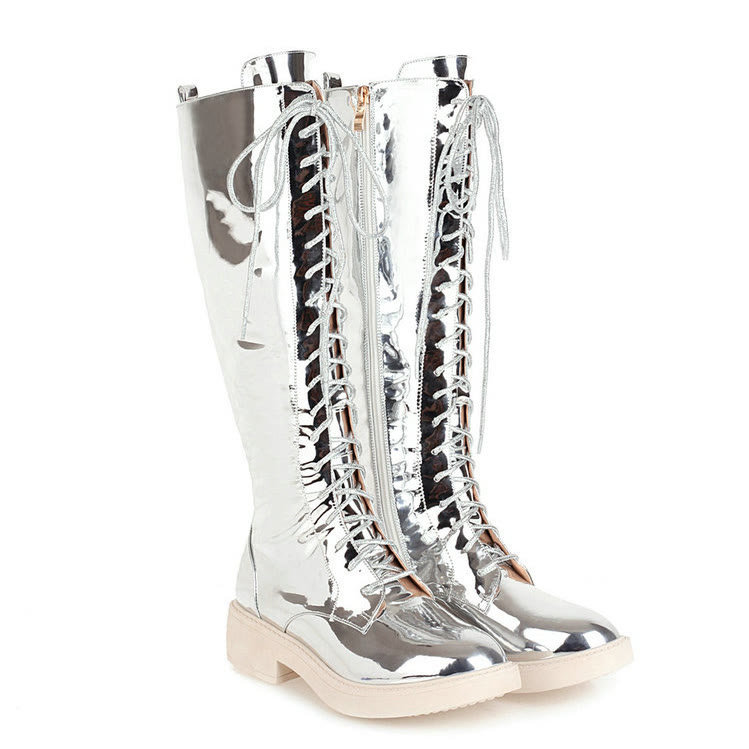Thick Platform Block Heel Tall Riding Boots - Silver - 43 - image 13