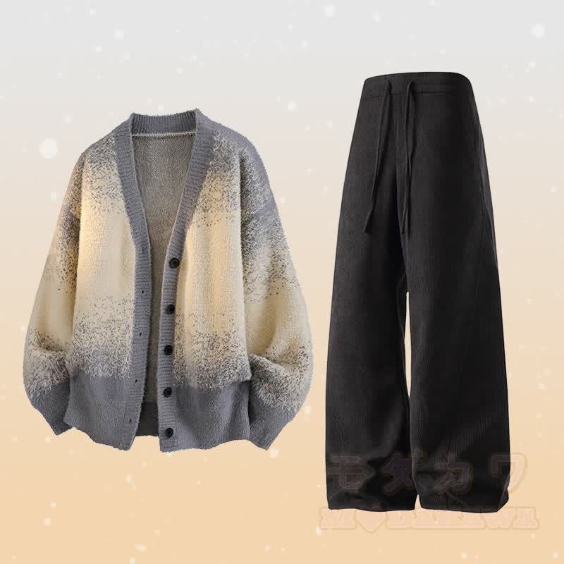 Gradient Knit Cardigan Sweater Pocket Pants Two Pieces - Set C - 3XL - image 3