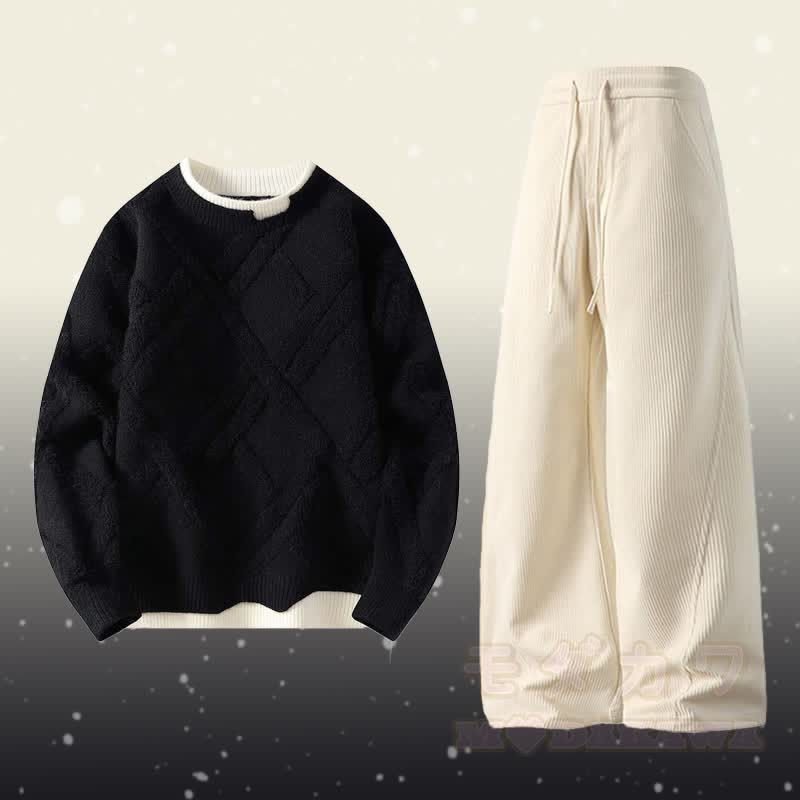 Faux Layered Knit Sweater Corduroy Pants Two Pieces - Set C - 4XL - image 3