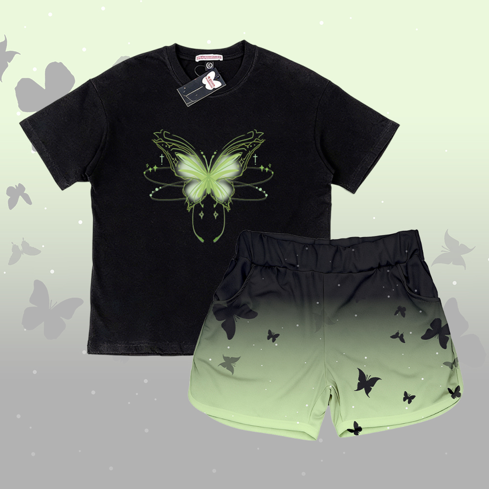 Butterfly Graphic 100% Cotton T-shirt Gradient Shorts Modakawa Matching Outfit - Set B - 5XL - image 2