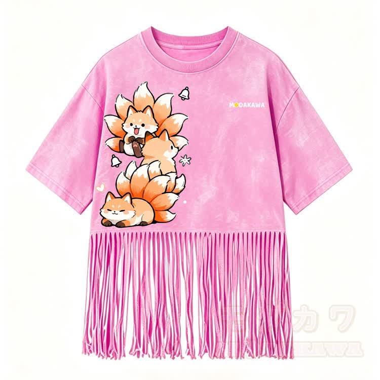 Nine Tailed Fox Graphic Modakawa Washed Fringe T-Shirt - Pink - 5XL - image 5