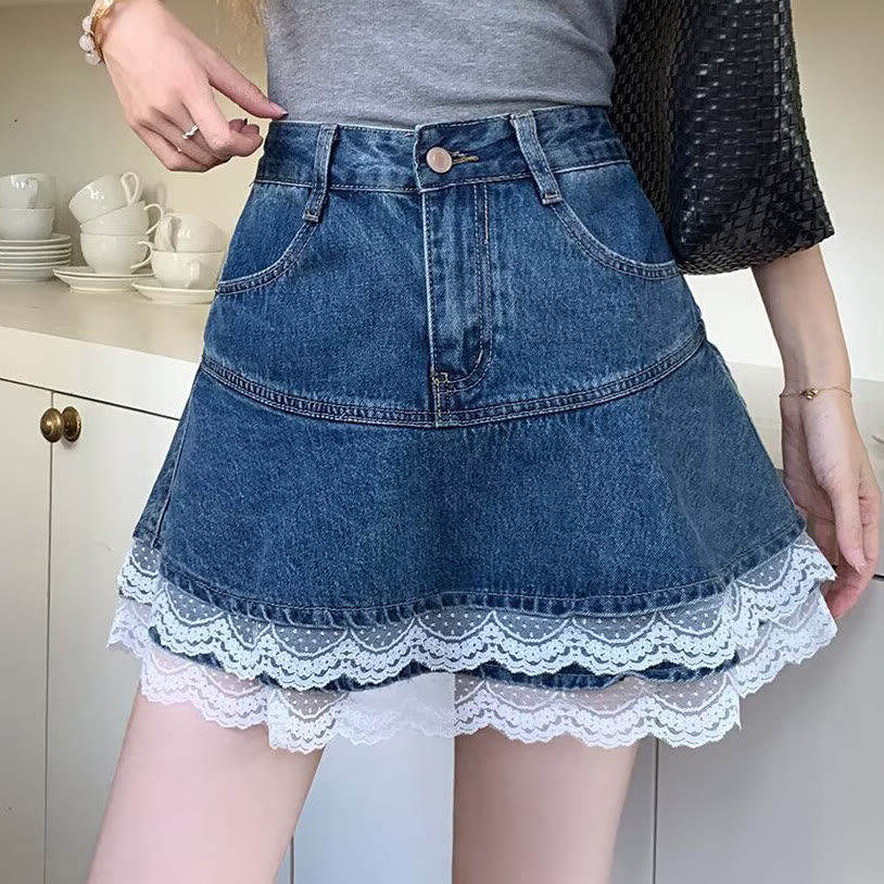 Vintage Lace Patchwork Denim Skirt - image 5