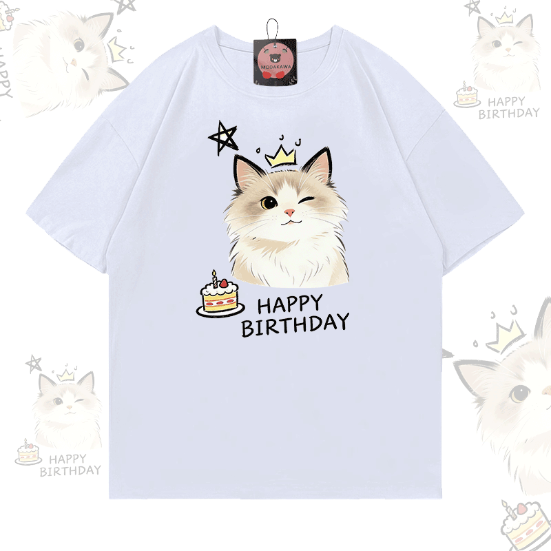 HAPPY BIRTHDAY Cute Cat Graphic Modakawa 100% Cotton T-shirt - White - 5XL - image 5