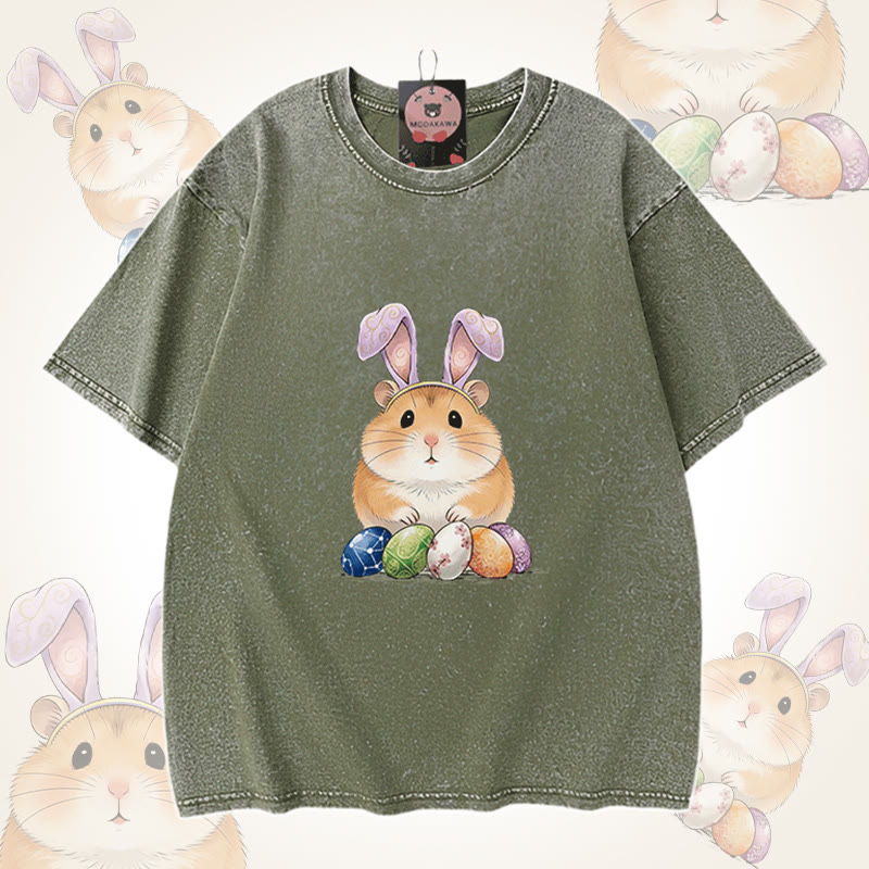 Easter Egg Hamster Graphic Modakawa Unisex Vintage Washed T-shirt - Green - 5XL - image 5
