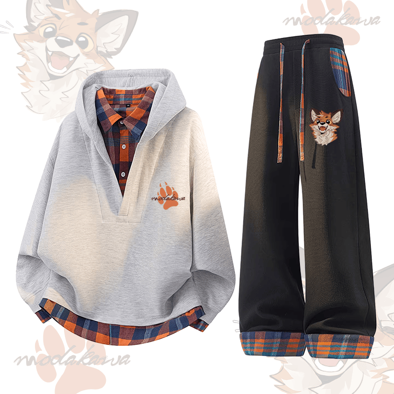 MODAKAWA X atka Cheerful Fox Graphic Plaid Hoodie Pants Two Pieces Set - Grey & Black - 3XL - image 2