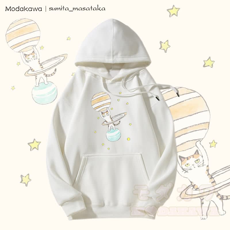 MODAKAWA X sumita_masataka Cat Lifting Saturn Graphic Fleece Lined Hoodie - White - 5XL - image 5