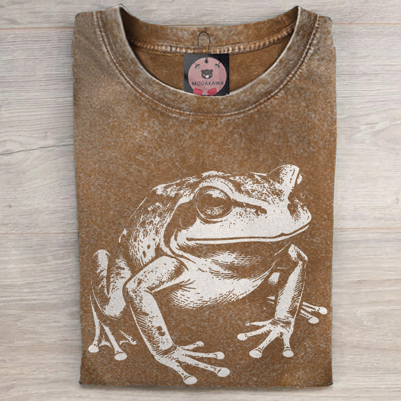 MODAKAWA Frog Graphic Unisex Vintage Washed T-shirt - Brown - 5XL - image 2