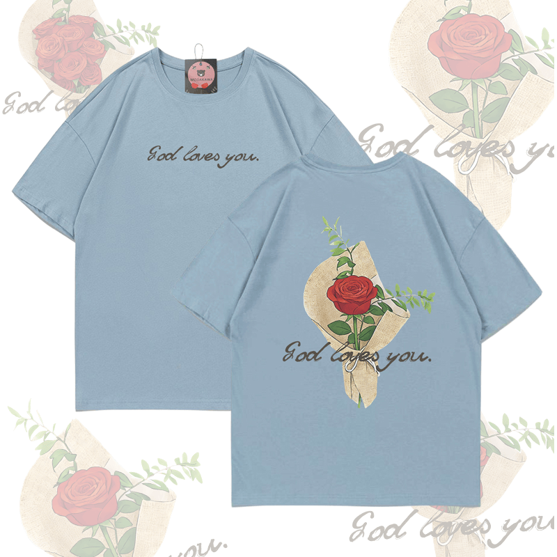 MODAKAWA GOD LOVES YOU Rose Bouquet Graphic T-shirt - Blue Grey - 5XL - image 4