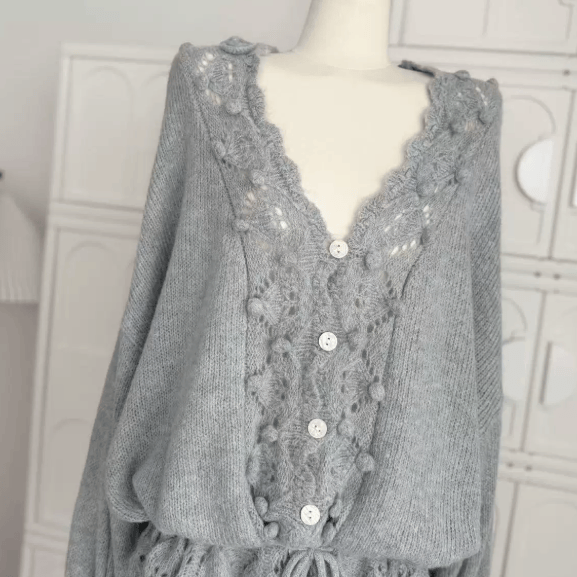 Openwork Crochet V Neck Knit Sweater - image 3