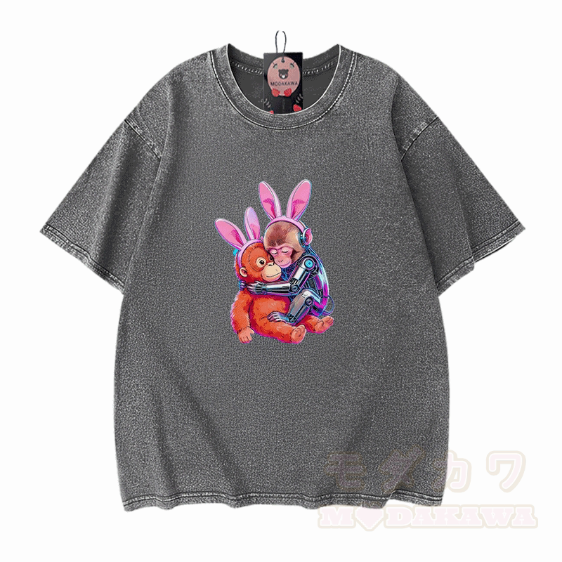 Hugging Cyber Monkey Graphic Modakawa Vintage Washed 100% Cotton T-shirt - Grey - 5XL - image 9