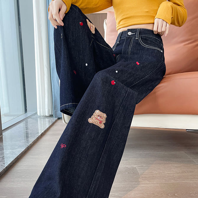 Chic Cartoon Embroidered Wide-Leg Jeans - image 3