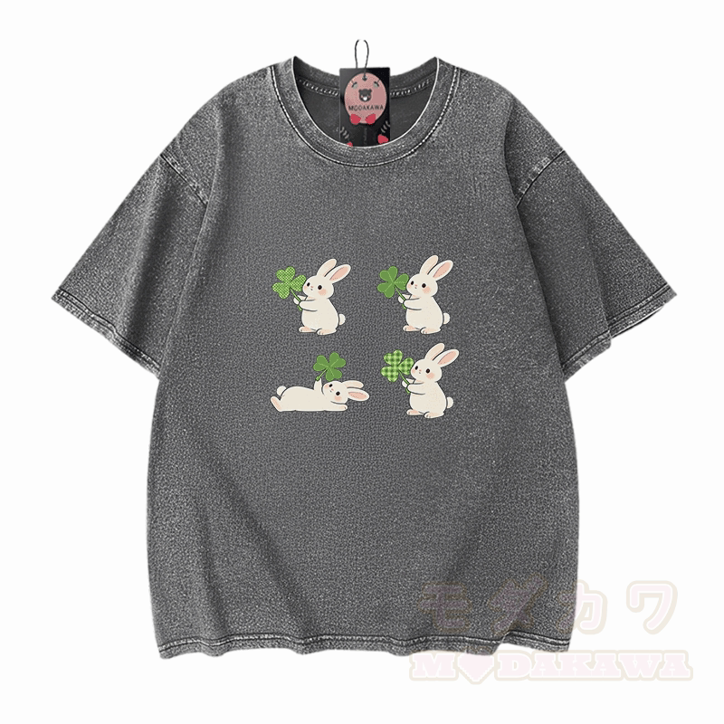 St. Patrick's Day Bunny Graphic Modakawa Vintage Washed 100% Cotton T-shirt - Grey - 5XL - image 9