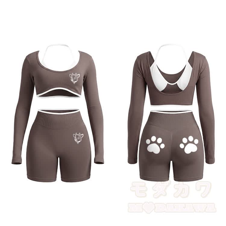 Deer Graphic Tight Long Sleeve Yoga Top & Shorts Set - Mocha - XL - image 11