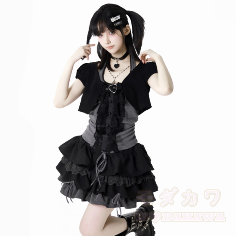 Gothic Lace Halter Cami Top Short Sleeve Cardigan Ruffle Skirt Three Pieces Set - image 5