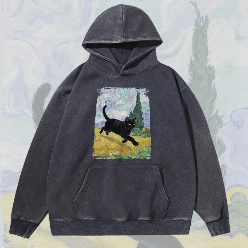 MODAKAWA Unisex Vintage Washed Hoodie Walking Black Cat Graphic Pullover - Purplish Blue - 2XL - image 3
