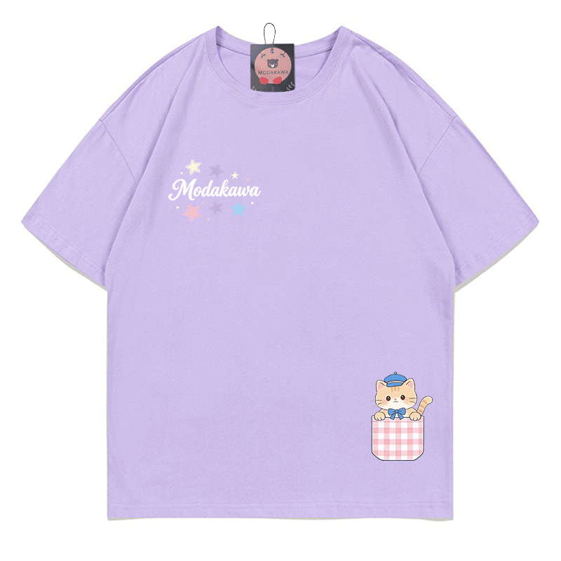 Pocket Cat Stars Graphic Modakawa 100% Cotton T-shirt - Light Purple - 5XL - image 7