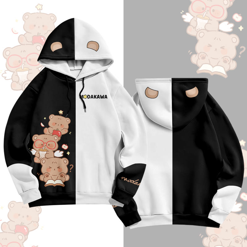 Bear Graphic Modakawa Pullover Hoodie - Black & White - 6XL - image 3